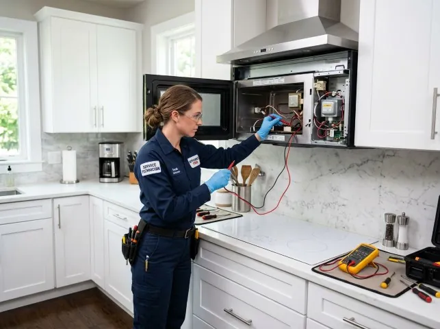 Appliance Repair Hero technician testing an over-the-range microwave in a Ashton, MD kitchen